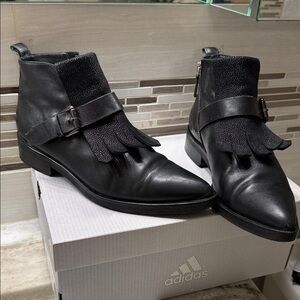 Alberto ago Milan Black Leather Fringe Boots bootie women size 38,5